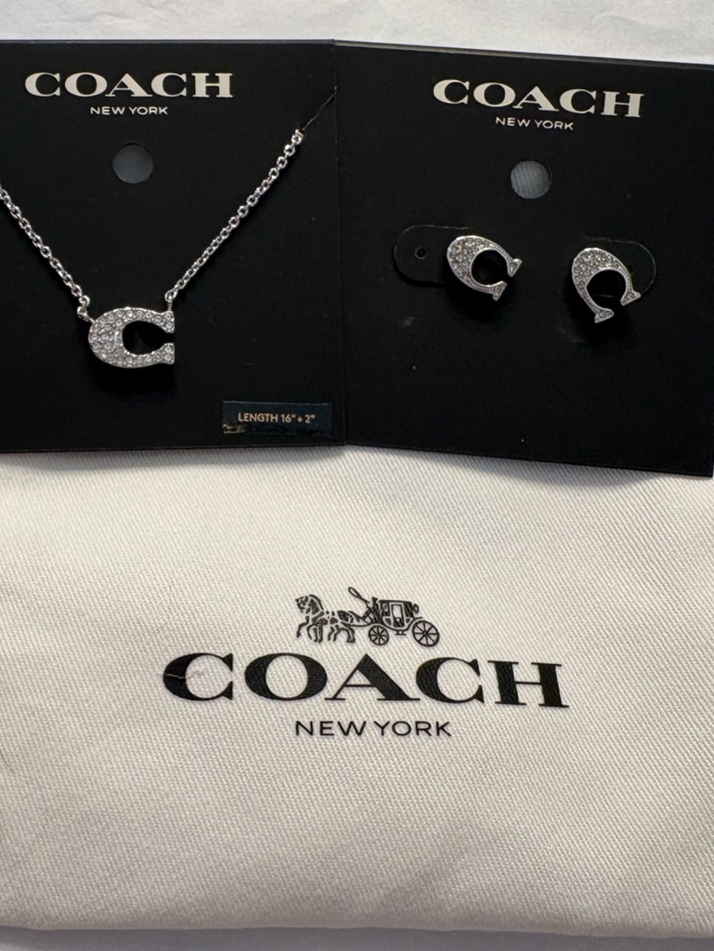 Coach Silver Crystal 'C' Pendant Necklace and Stud Earrings Set